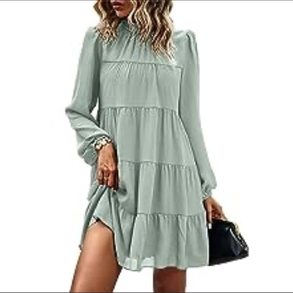 MAISON JULES MINT GREEN RUFFLE DRESS MIDI WITH SLEEVES - LARGE (sheer sleeves)